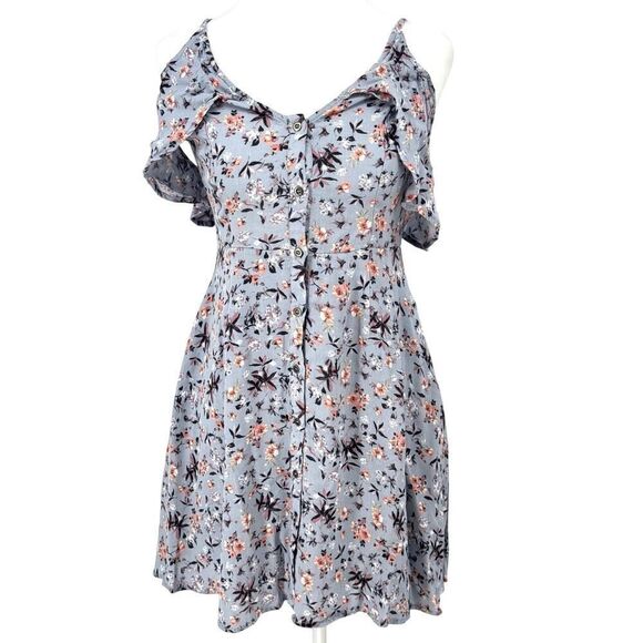ASTR The Label Cold Shoulder Floral Dress Size S Blue Button Front Ruffle EUC - Picture 1 of 11
